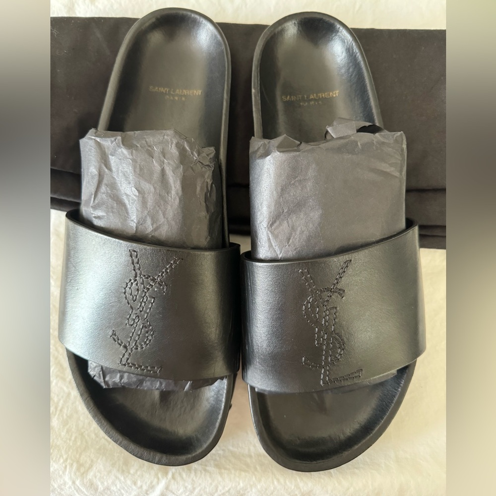 Saint Laurent Jimmy Logo Black Leather Embroidered Slide Sandals